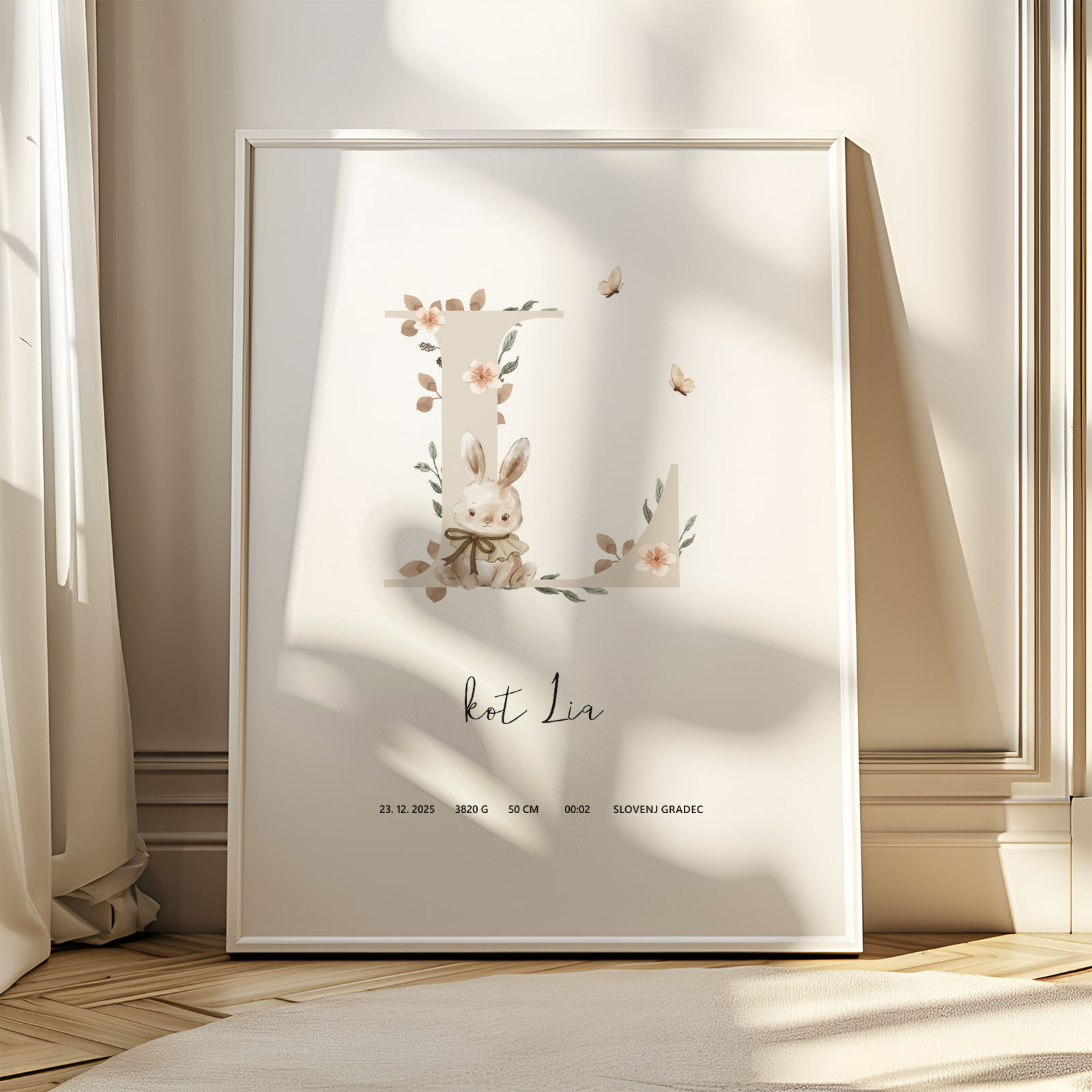 Plakat z inicialko in rojstnimi podatki - Gozdne živali