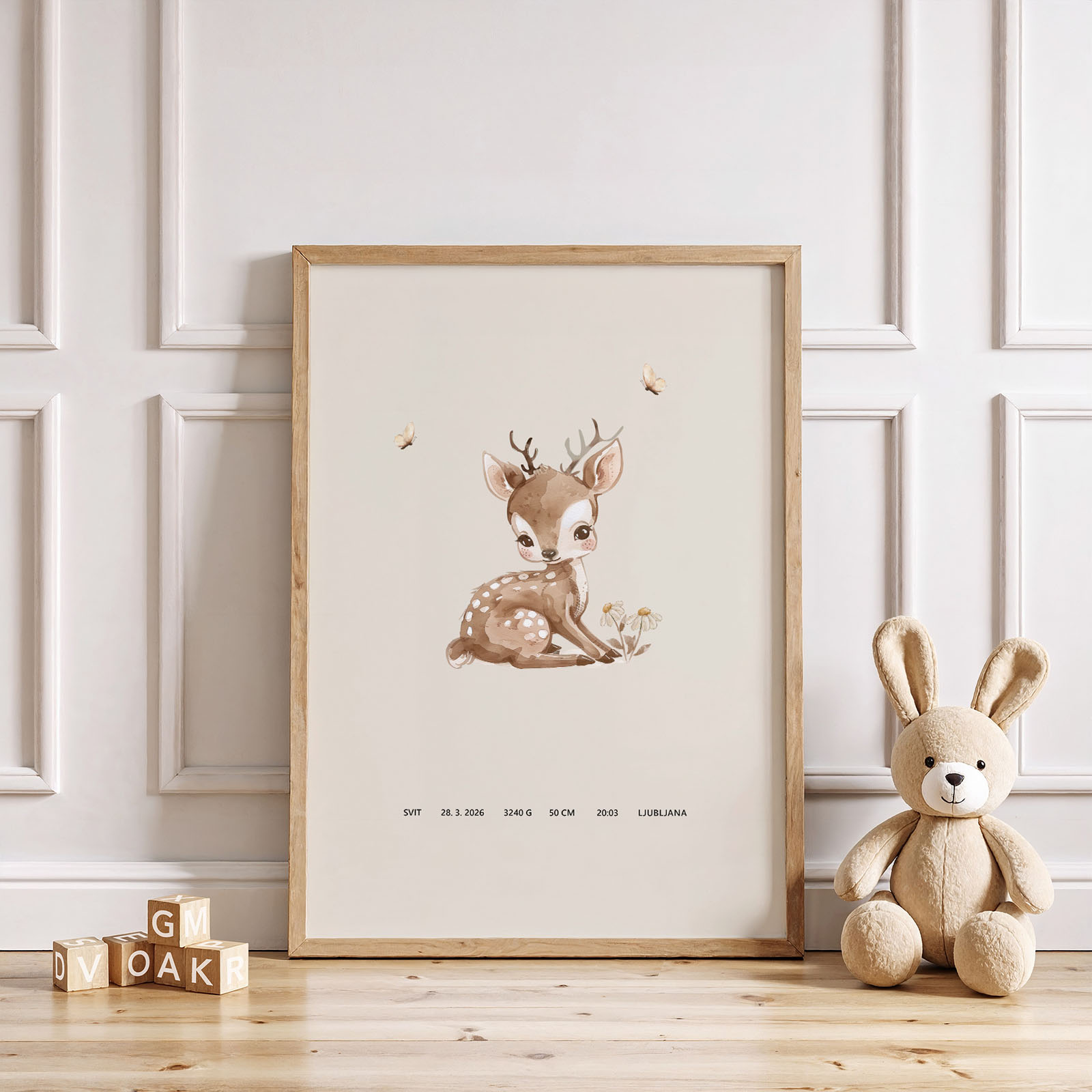 Plakat z rojstnimi podatki Gozdne živali za otroško sobo - Vanja in lev