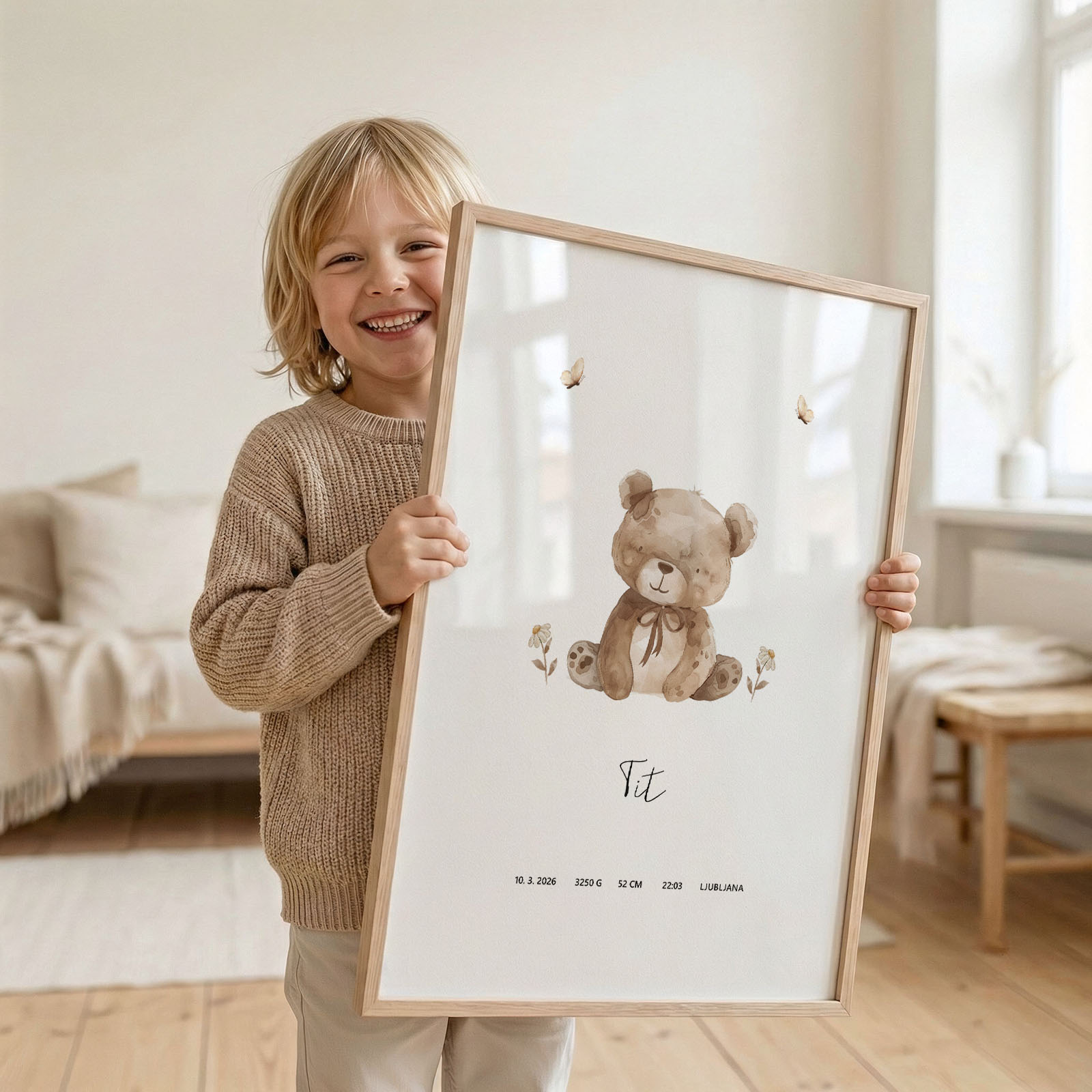 Plakat z rojstnimi podatki Gozdne živali za otroško sobo - Vanja in lev