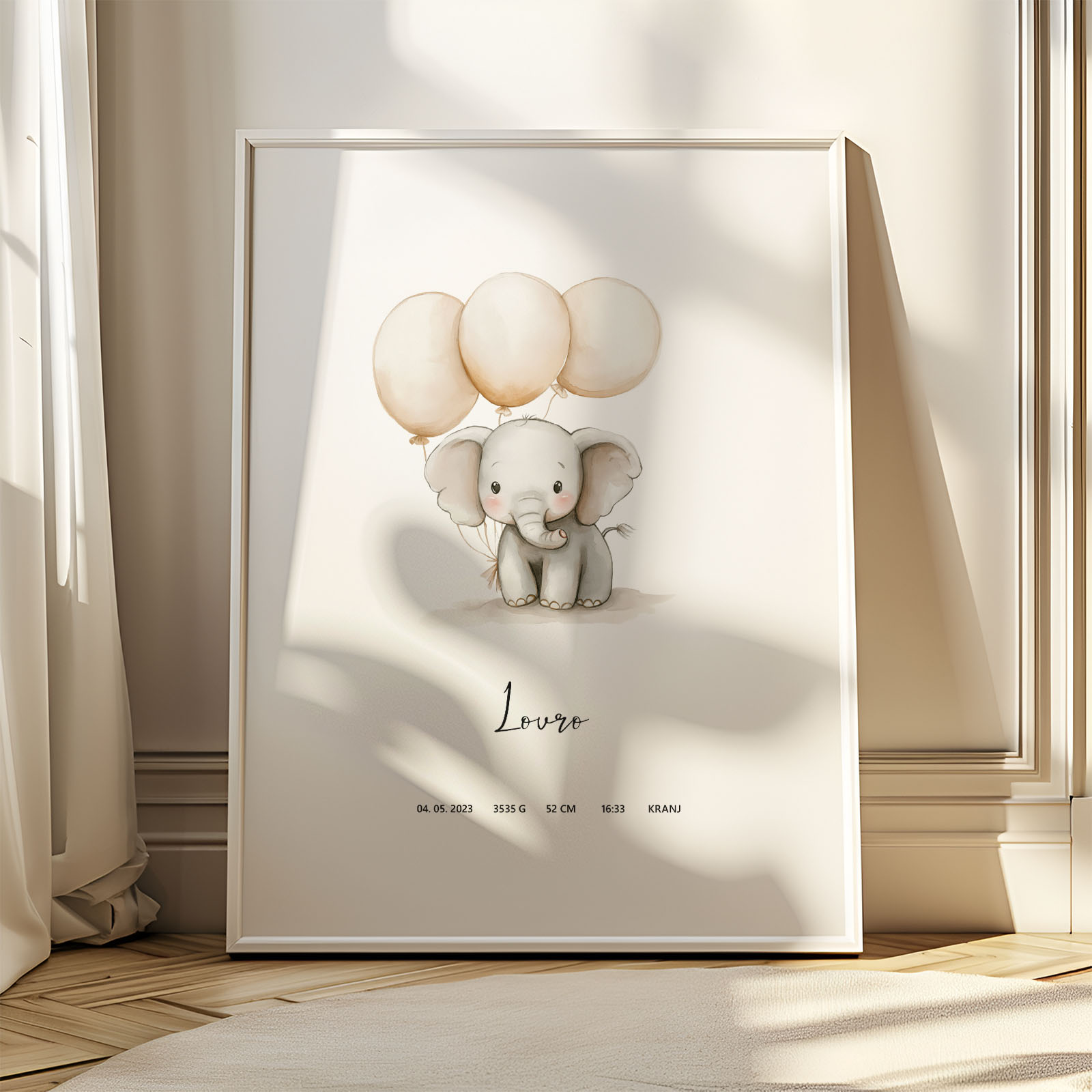 Plakat z rojstnimi podatki Safari živali za otroško sobo - Vanja in lev