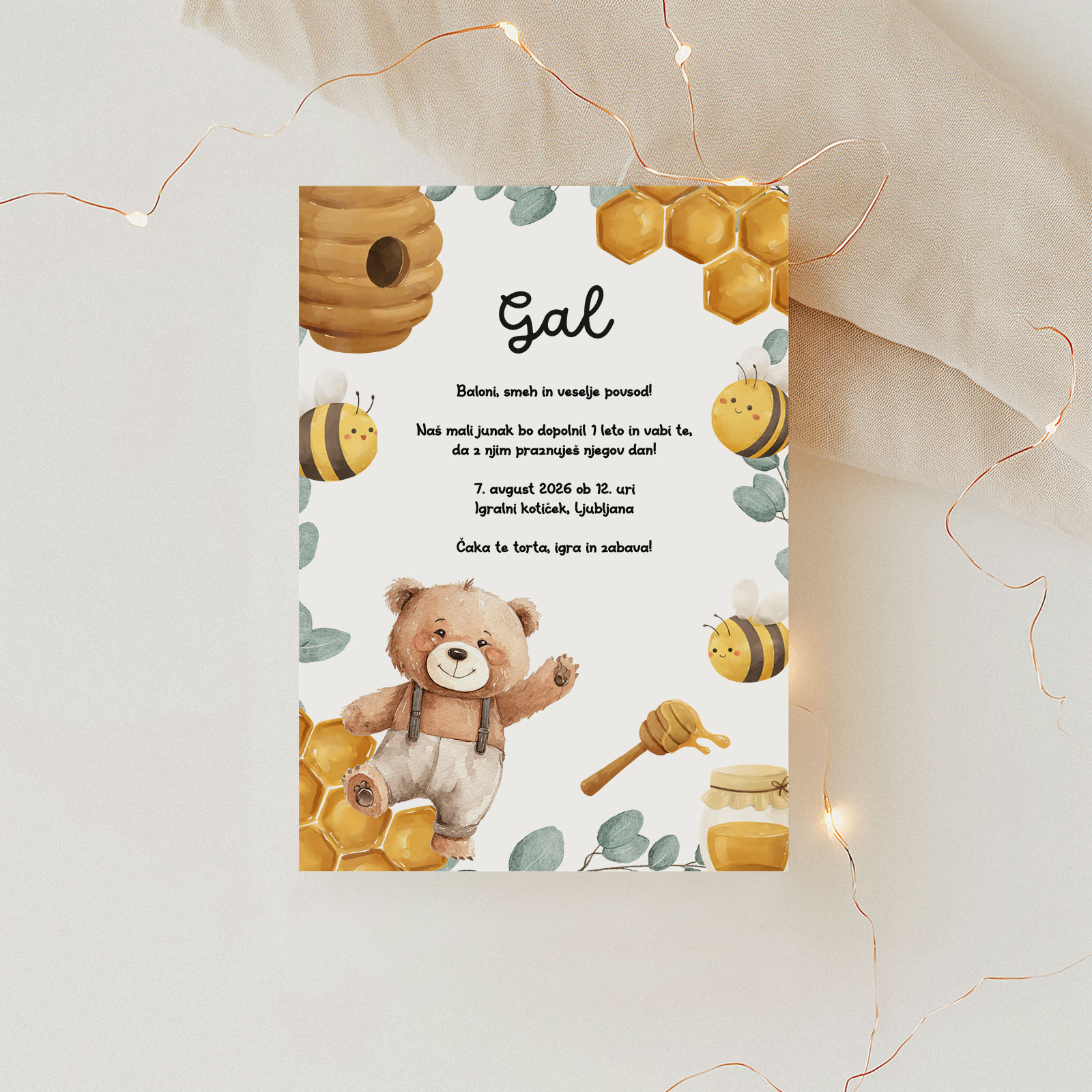 Vabilo za otroški rojstni dan - Medvedek in čebelice