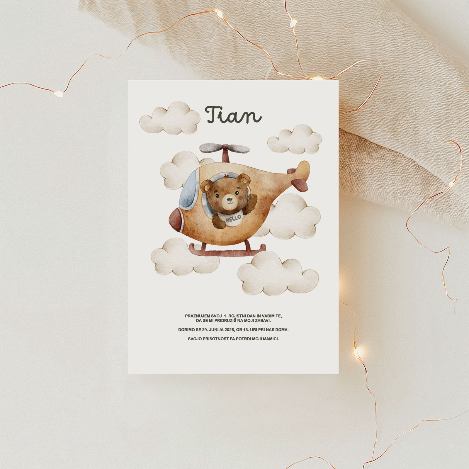 Vabilo za otroški rojstni dan - Medvedek v letalu